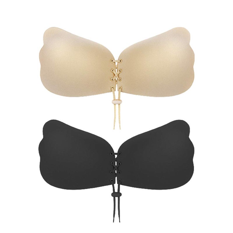 umooie Sticky Bra 2 Pairs Backless, Strapless, Adhesive, Invisible, Push up Bra for Women Stick on, Black and Nude, C Cup - Image 1
